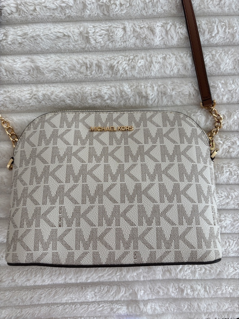 Michael Kors White and Brown MK Logo Crossbody Bag